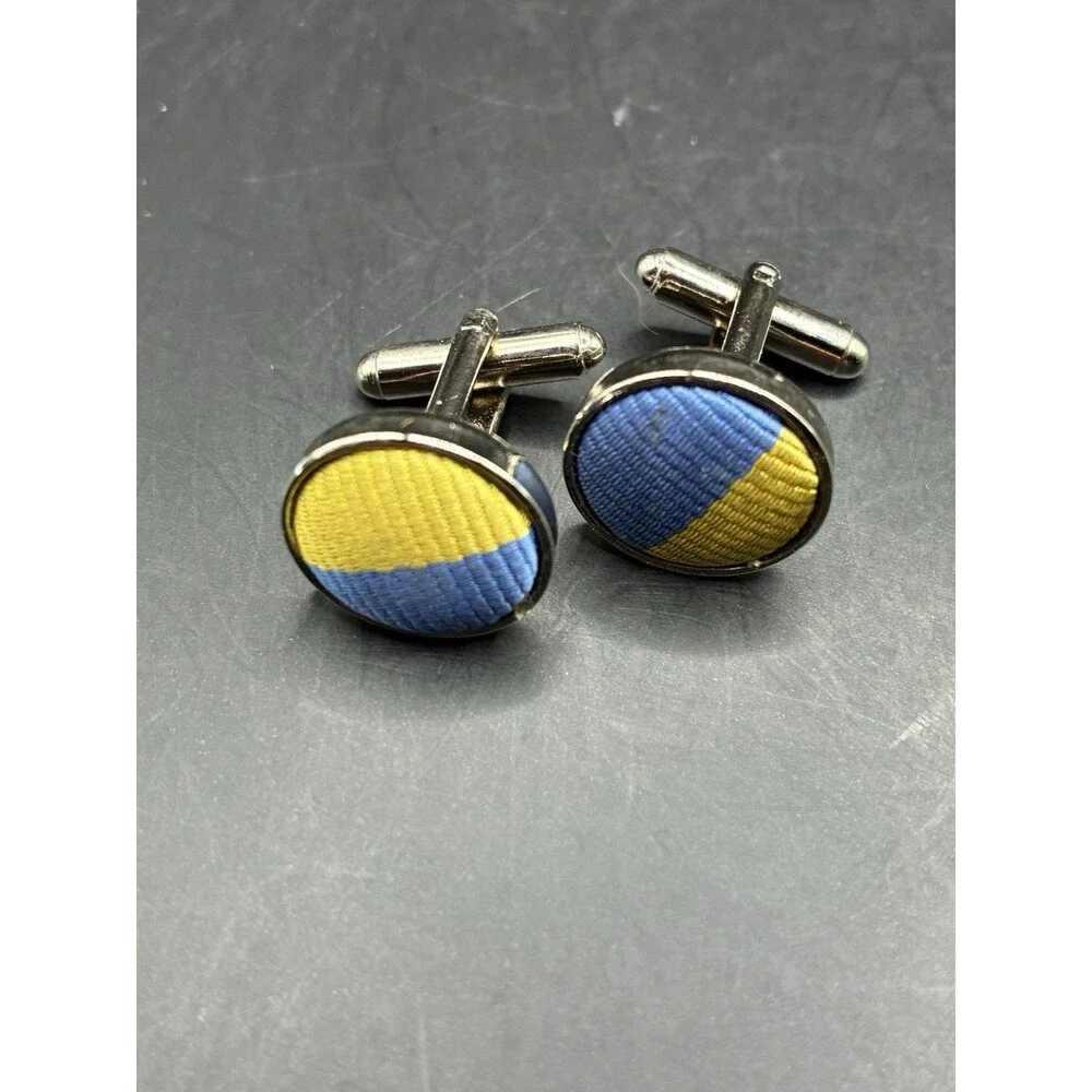 Vintage Silver Tone Cufflinks Blue Gold Woven Fabric Inlay Round Mid Century